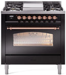 ILVE Nostalgie II 36-Inch Freestanding Natural Gas Dual Fuel Range in Glossy Black with Copper Trim (UP36FNMPBKP)