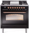 ILVE Nostalgie II 36-Inch Freestanding Natural Gas Dual Fuel Range in Glossy Black with Copper Trim (UP36FNMPBKP)
