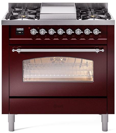 Burgundy dual fuel freestanding range front view with burner cooktop and oven window