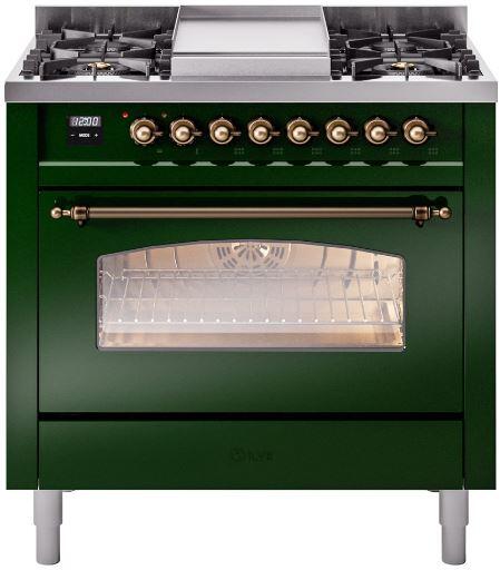 Emerald green freestanding dual-fuel range with bronze control knobs and oven window