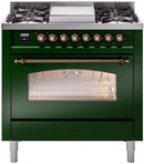 ILVE Nostalgie II 36-Inch Freestanding Natural Gas Dual Fuel Range in Emerald Green with Bronze Trim (UP36FNMPEGB)
