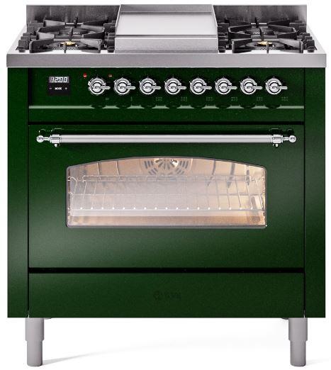 Emerald green dual fuel range with four burners, chrome controls, and glass oven window