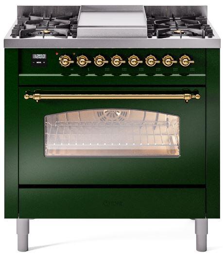 Front view of emerald green dual fuel freestanding range with open oven door and knobs
