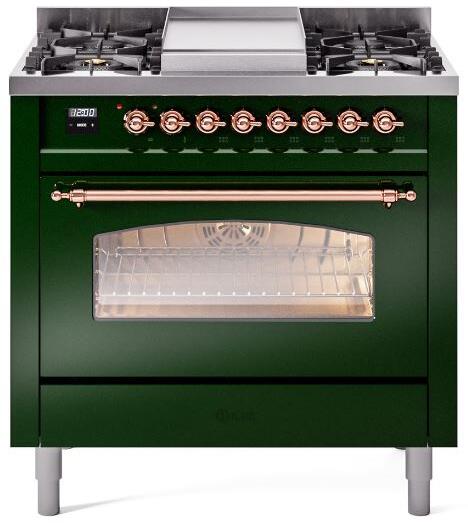 Emerald green dual fuel range front view with cooktop burners and open oven door