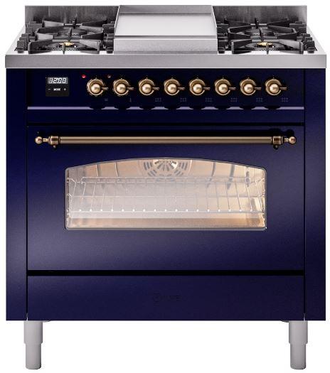 Midnight blue dual fuel range with burner grates and bronze front control knobs