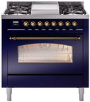 ILVE Nostalgie II 36-Inch Freestanding Natural Gas Dual Fuel Range in Midnight Blue with Bronze Trim (UP36FNMPMBB)