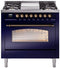 ILVE Nostalgie II 36-Inch Freestanding Natural Gas Dual Fuel Range in Midnight Blue with Bronze Trim (UP36FNMPMBB)