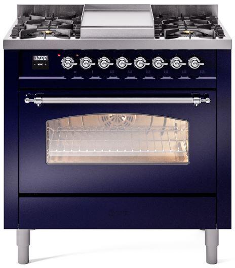 Midnight blue dual fuel freestanding range front with cooktop grates and oven window