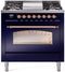 ILVE Nostalgie II 36-Inch Freestanding Natural Gas Dual Fuel Range in Midnight Blue with Copper Trim (UP36FNMPMBP)