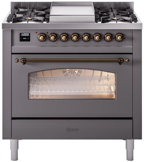 Freestanding dual fuel range with cooktop burners, bronze knobs, and closed oven door