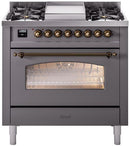 ILVE Nostalgie II 36-Inch Freestanding Natural Gas Dual Fuel Range in Matte Graphite with Bronze Trim (UP36FNMPMGB)