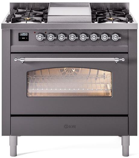 Matte graphite dual fuel range front view showing burners, knobs, and oven window
