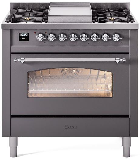 ILVE Nostalgie II 36-Inch Dual Fuel Freestanding Range in Matte Graphite with Chrome Trim (UP36FNMPMGC)