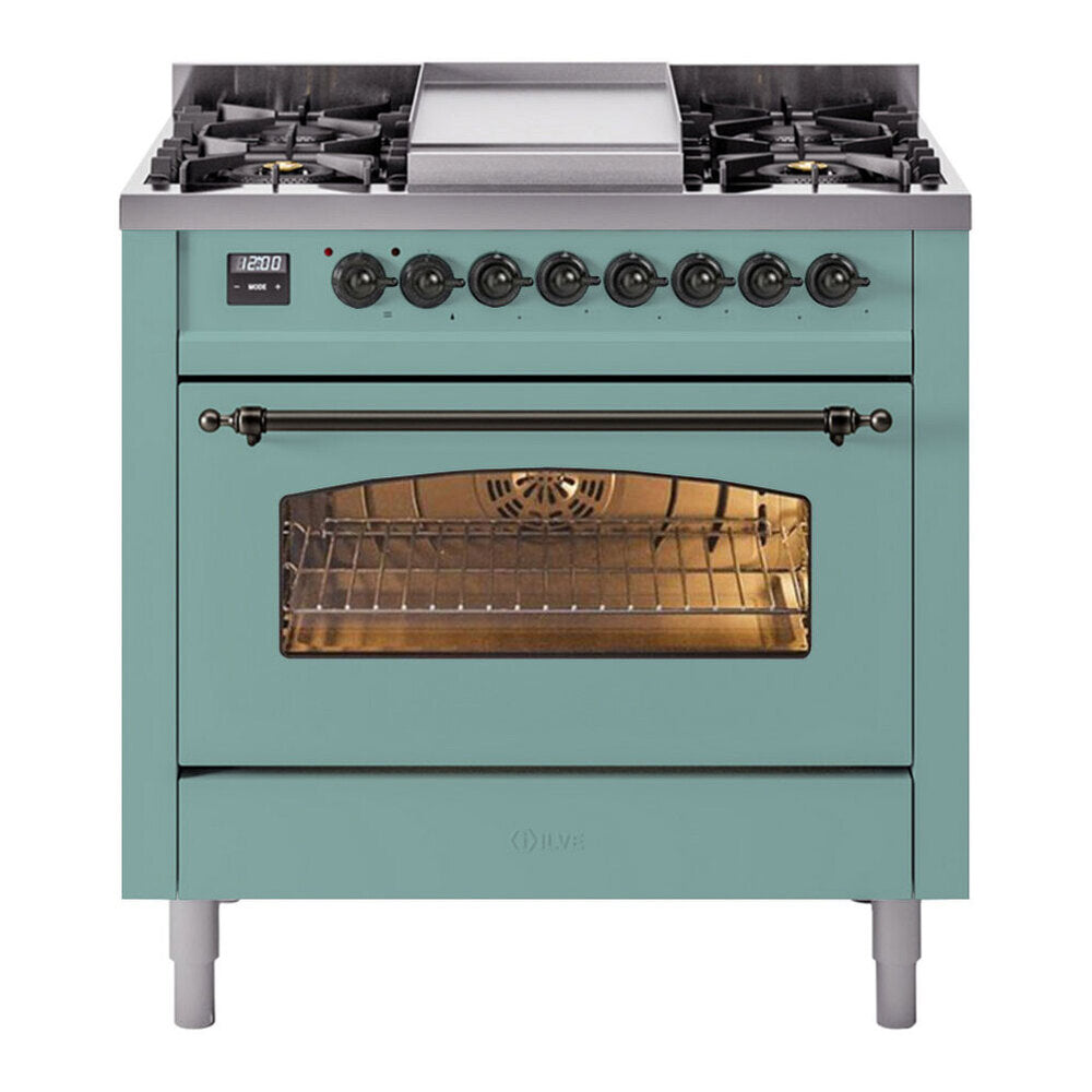ILVE Nostalgie II 36-Inch Freestanding Natural Gas Dual Fuel Range in Mediterranean Mint with Burnished Bronze Trim (UP36FNMPMMB)