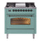 ILVE Nostalgie II 36-Inch Freestanding Natural Gas Dual Fuel Range in Mediterranean Mint with Burnished Bronze Trim (UP36FNMPMMB)