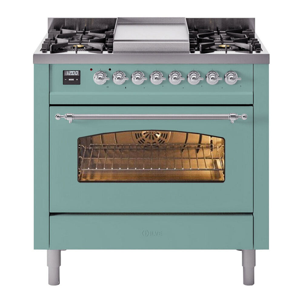 ILVE Nostalgie II 36-Inch Freestanding Propane Gas Dual Fuel Range in Mediterranean Mint with Chrome Trim (UP36FNMPMMCLP)