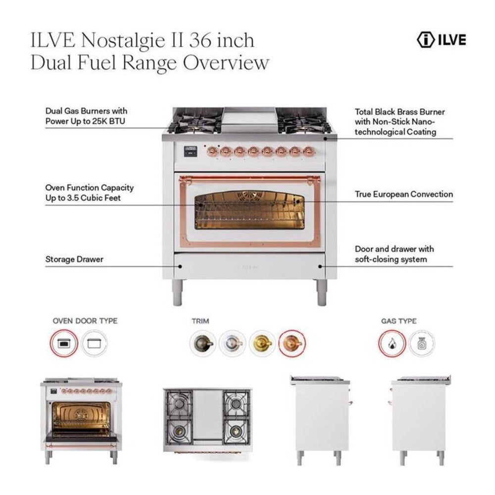 ILVE Nostalgie II 36-Inch Freestanding Propane Gas Dual Fuel Range in Mediterranean Mint with Brass Trim (UP36FNMPMMGLP)