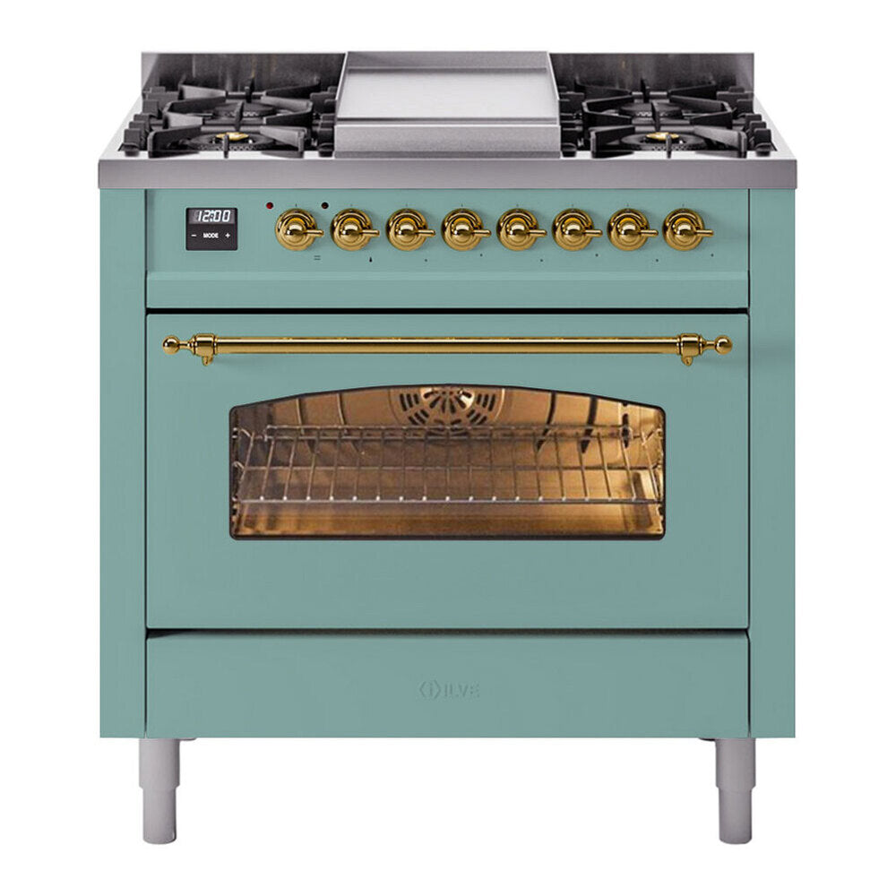 ILVE Nostalgie II 36-Inch Freestanding Natural Gas Dual Fuel Range in Mediterranean Mint with Brass Trim (UP36FNMPMMG)