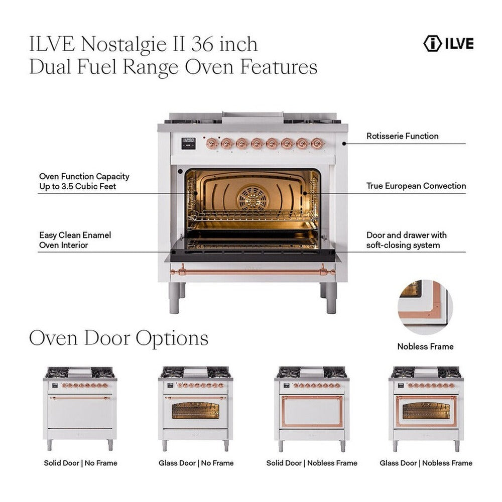 ILVE Nostalgie II 36-Inch Freestanding Propane Gas Dual Fuel Range in Mediterranean Mint with Copper Trim (UP36FNMPMMPLP)