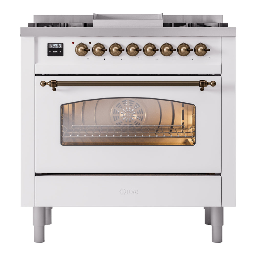 ILVE range with open oven door and bronze front handle, cooktop controls visible.