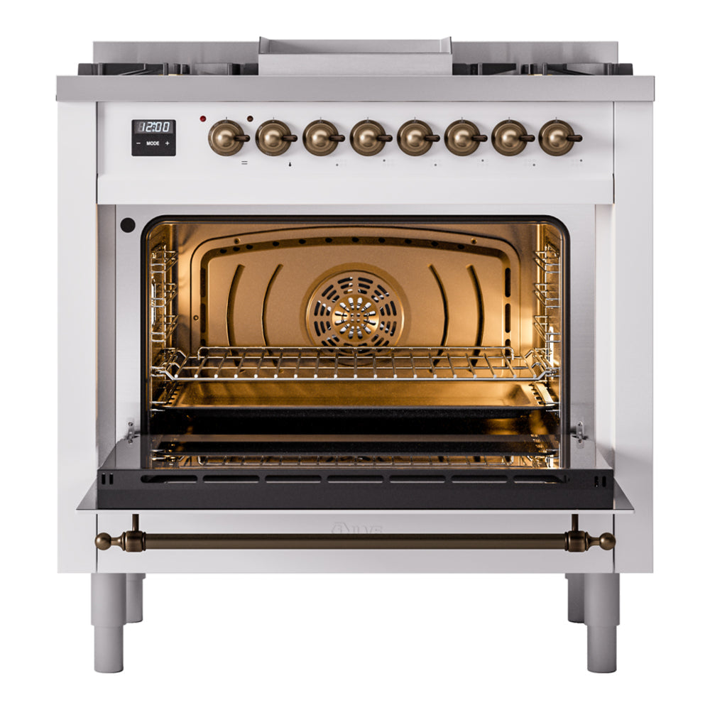 Freestanding range with oven door fully open, bronze handle, and visible oven interior racks