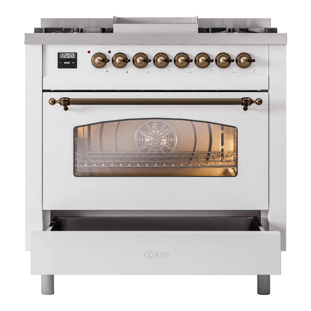 ILVE range oven door open with interior racks visible, bronze handle and controls.