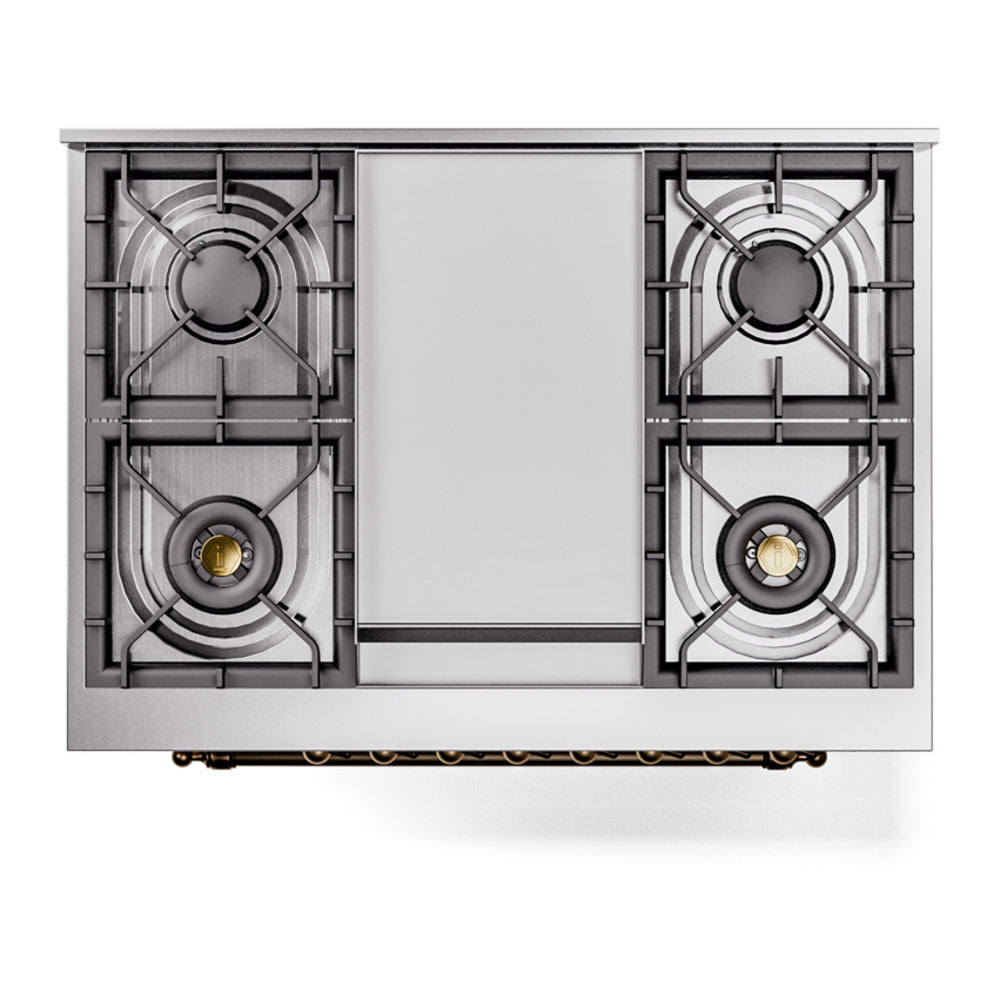 ILVE range cooktop view from above, two burner grates and central panel.