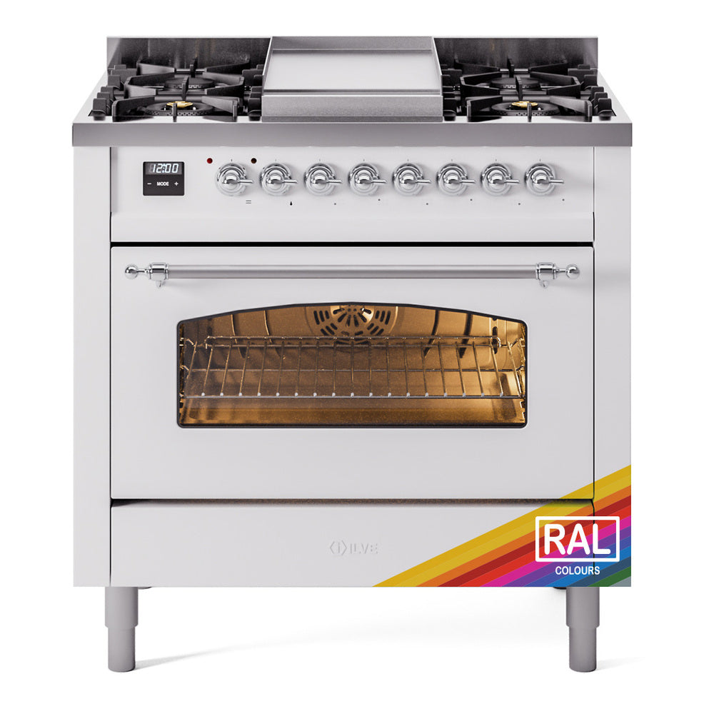 Freestanding dual fuel range with chrome knobs, cooktop, and closed oven door