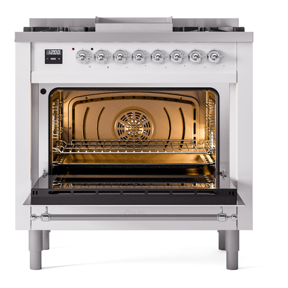 Dual fuel range oven cavity with racks and warm interior lighting, door open