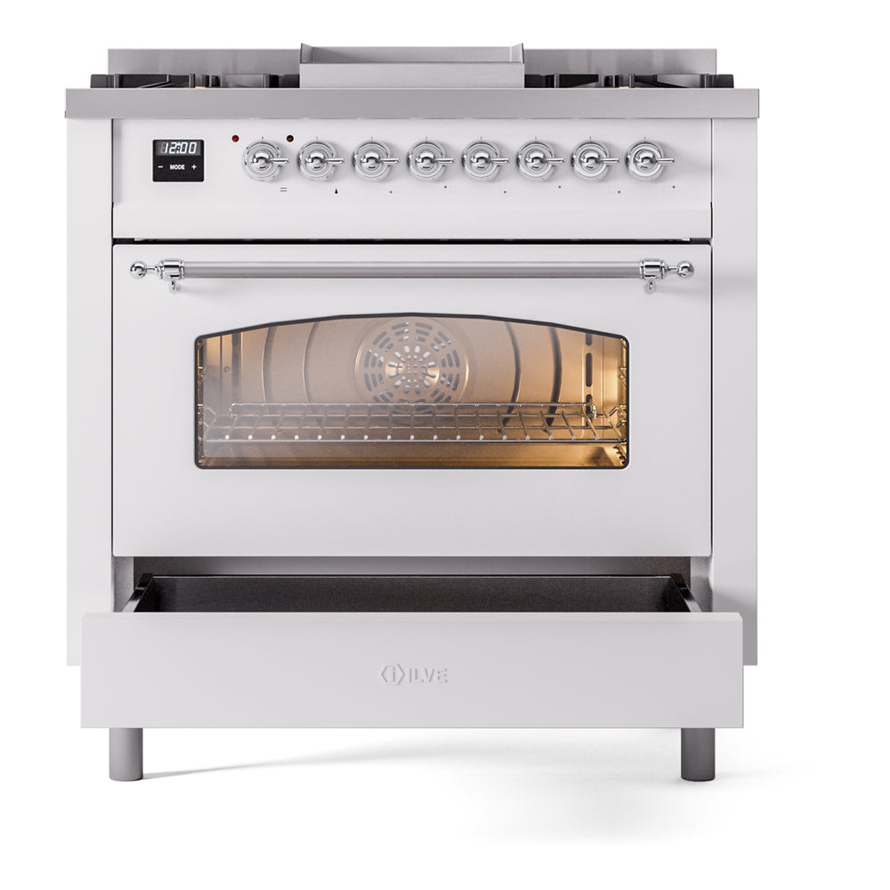 Freestanding dual fuel range with lit oven window and chrome control knobs