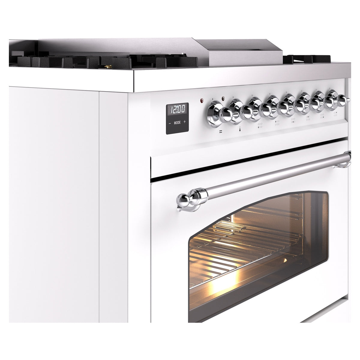 Freestanding dual fuel range with chrome control knobs and long oven handle