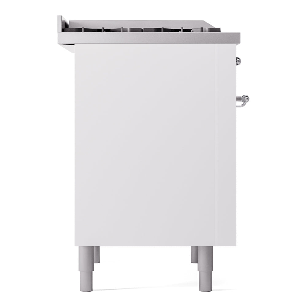 ILVE freestanding dual fuel range back-left corner with stainless-finish legs