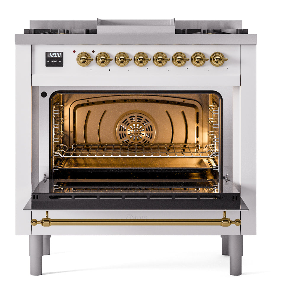 Freestanding dual-fuel range oven with door open, brass interior lights and racks, white body