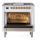 ILVE Nostalgie II 36-Inch Dual Fuel Freestanding Range in Custom RAL with Brass Trim (UP36FNMPRAGLP)