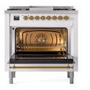 ILVE Nostalgie II 36-Inch Freestanding Natural Gas Dual Fuel Range in Custom RAL with Brass Trim (UP36FNMPRAG)