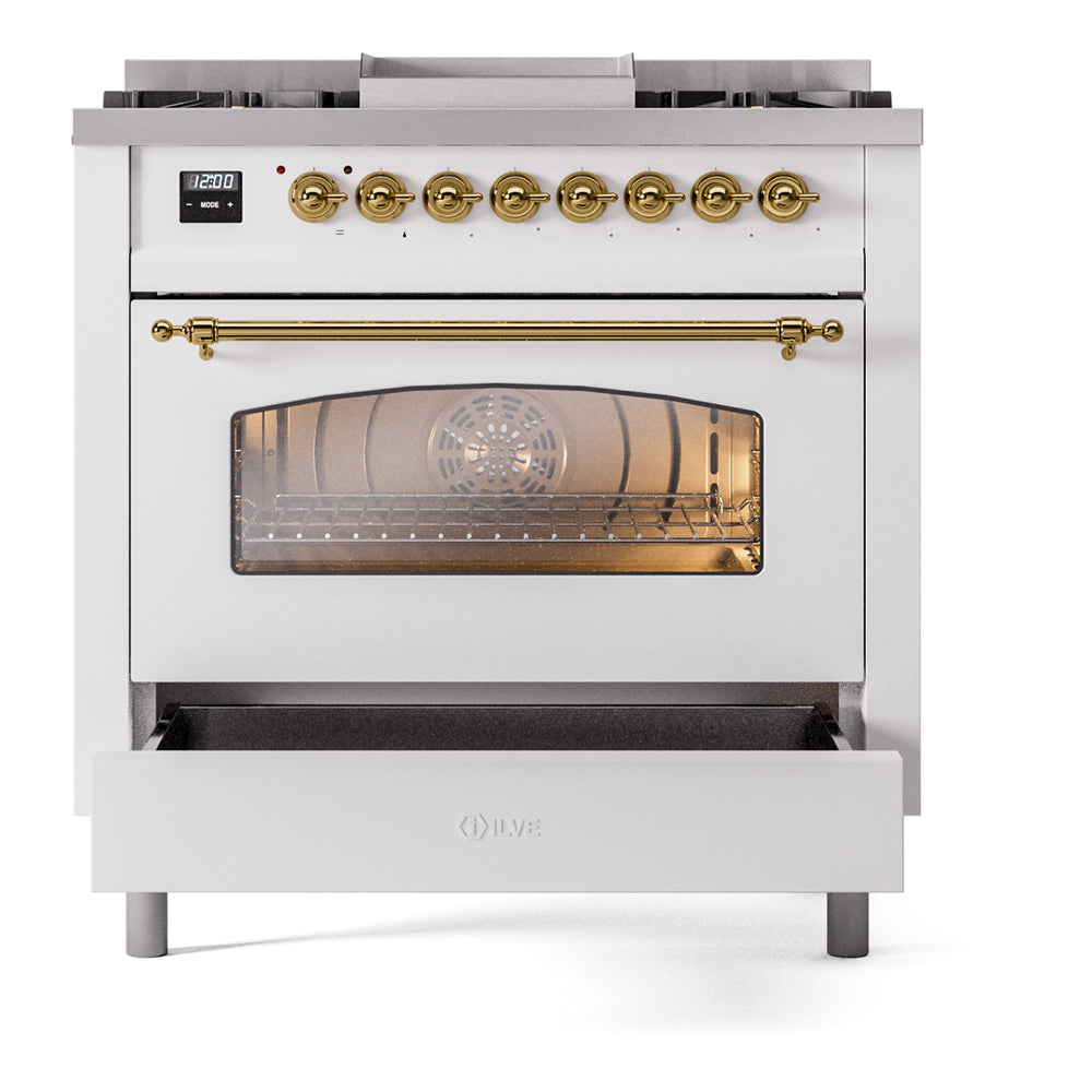 Freestanding dual-fuel range with glass oven door, gold brass knobs, white finish