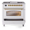 ILVE Nostalgie II 36-Inch Dual Fuel Freestanding Range in Custom RAL with Brass Trim (UP36FNMPRAGLP)