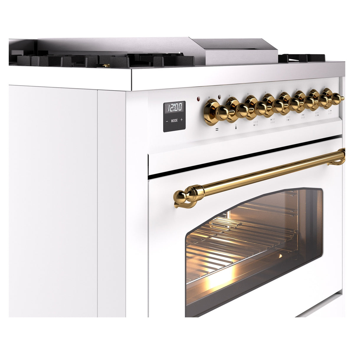 Freestanding range front corner with brass handle, glass oven door, white body