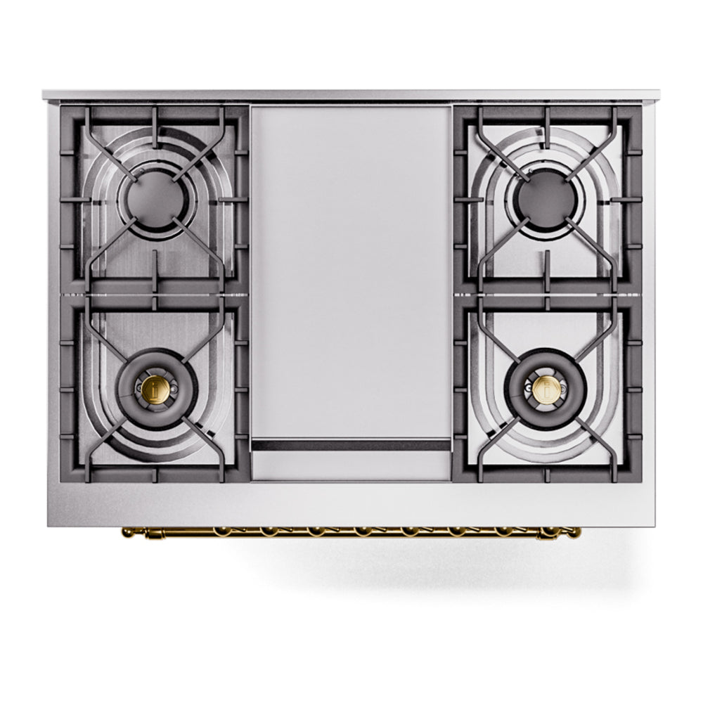 Dual-fuel range cooktop with two burners and metal grates, brass accents, white finish