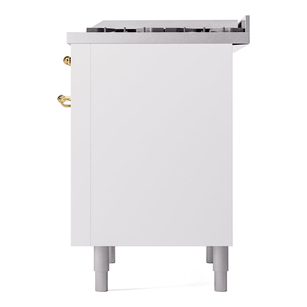 Freestanding range rear side panel with brass knobs, white body