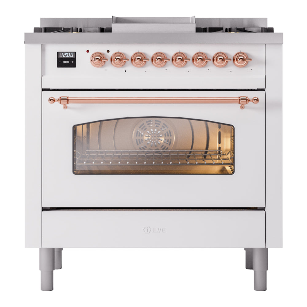 Freestanding dual fuel range with copper front handle and oven window display.