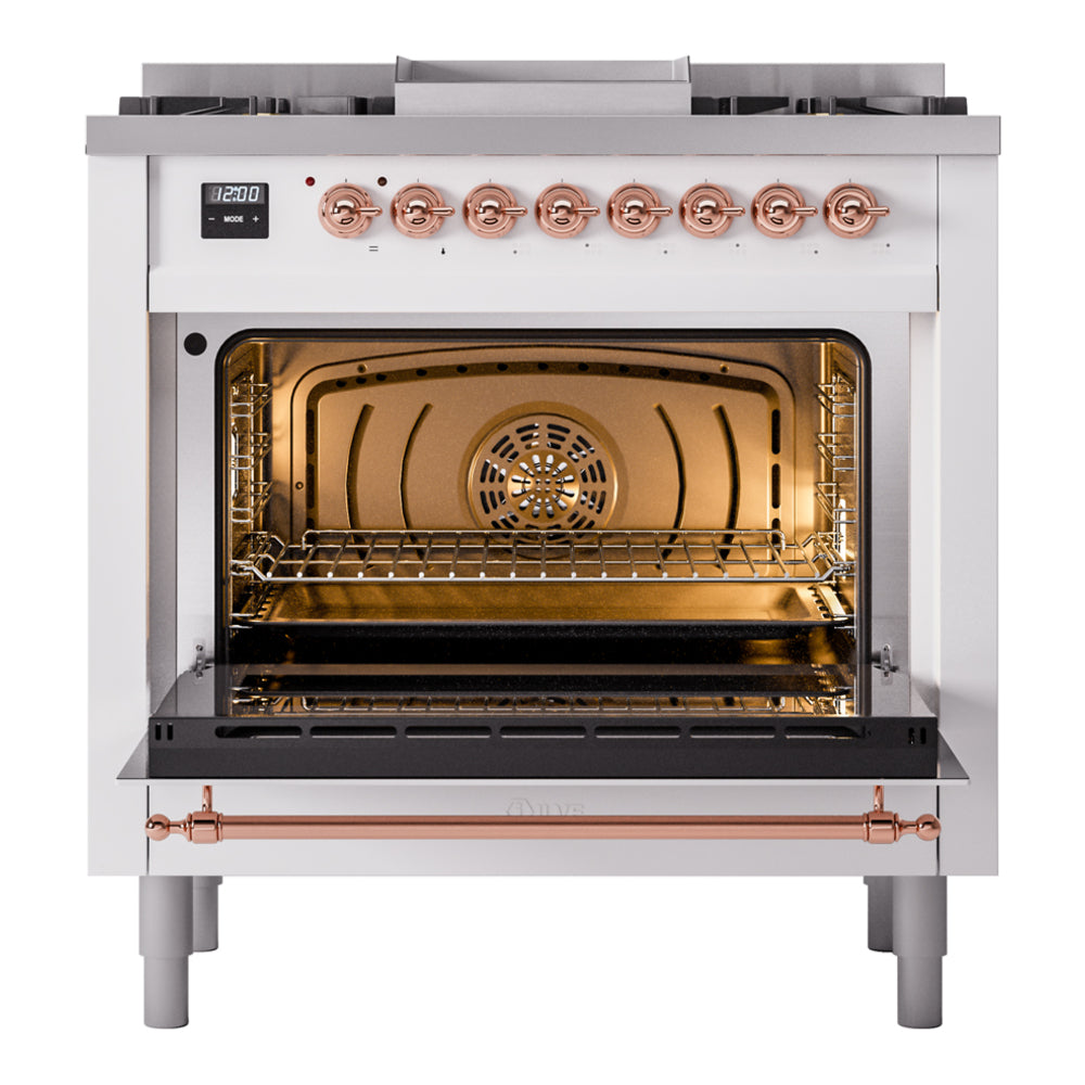 Freestanding dual fuel range oven open, showing racks and copper burner trim.