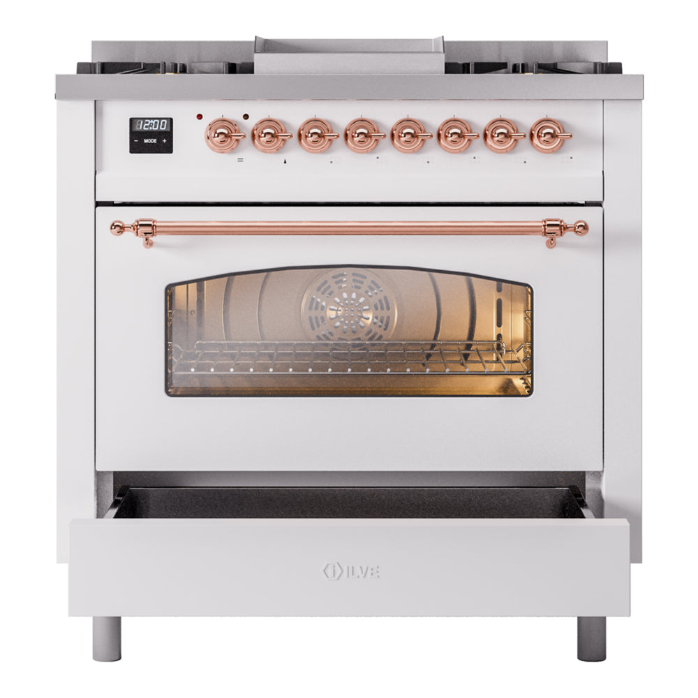 Freestanding dual fuel gas range with copper trim bar and oven door down with window