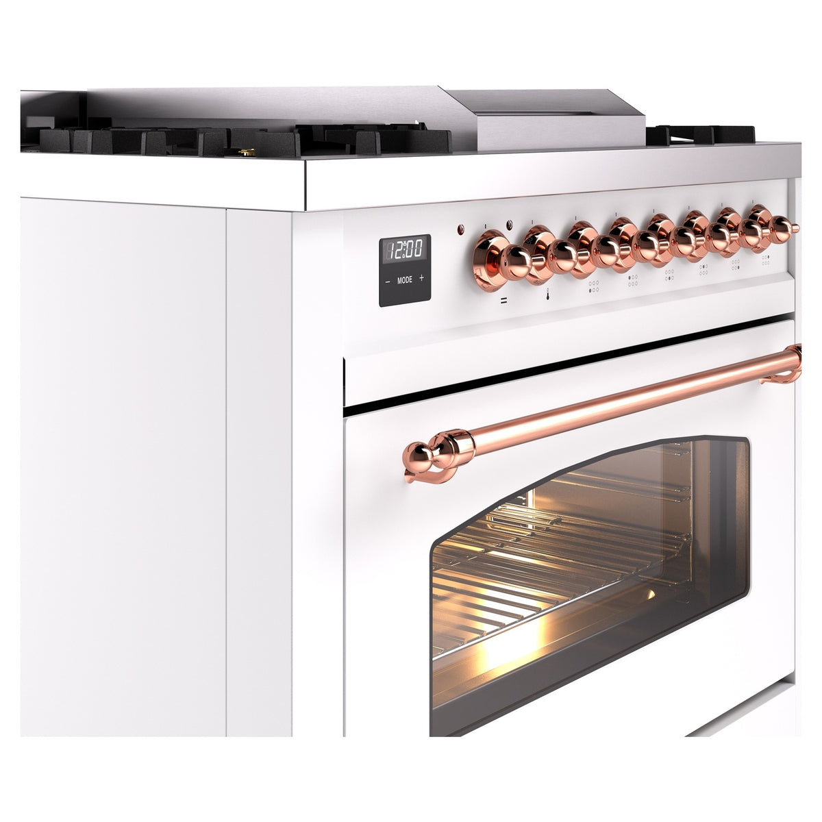 Freestanding dual fuel range with copper control knobs and glass oven door.
