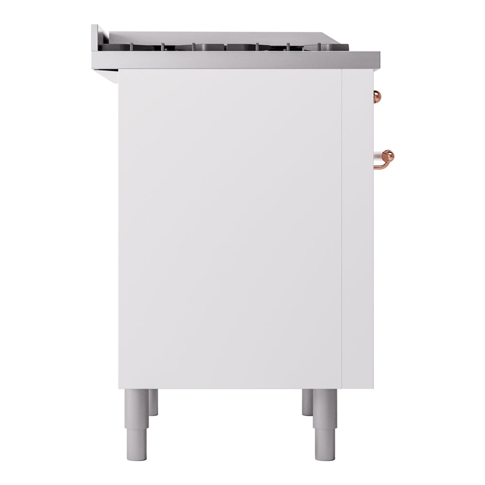 White freestanding dual fuel range cabinet side profile with copper side trim.