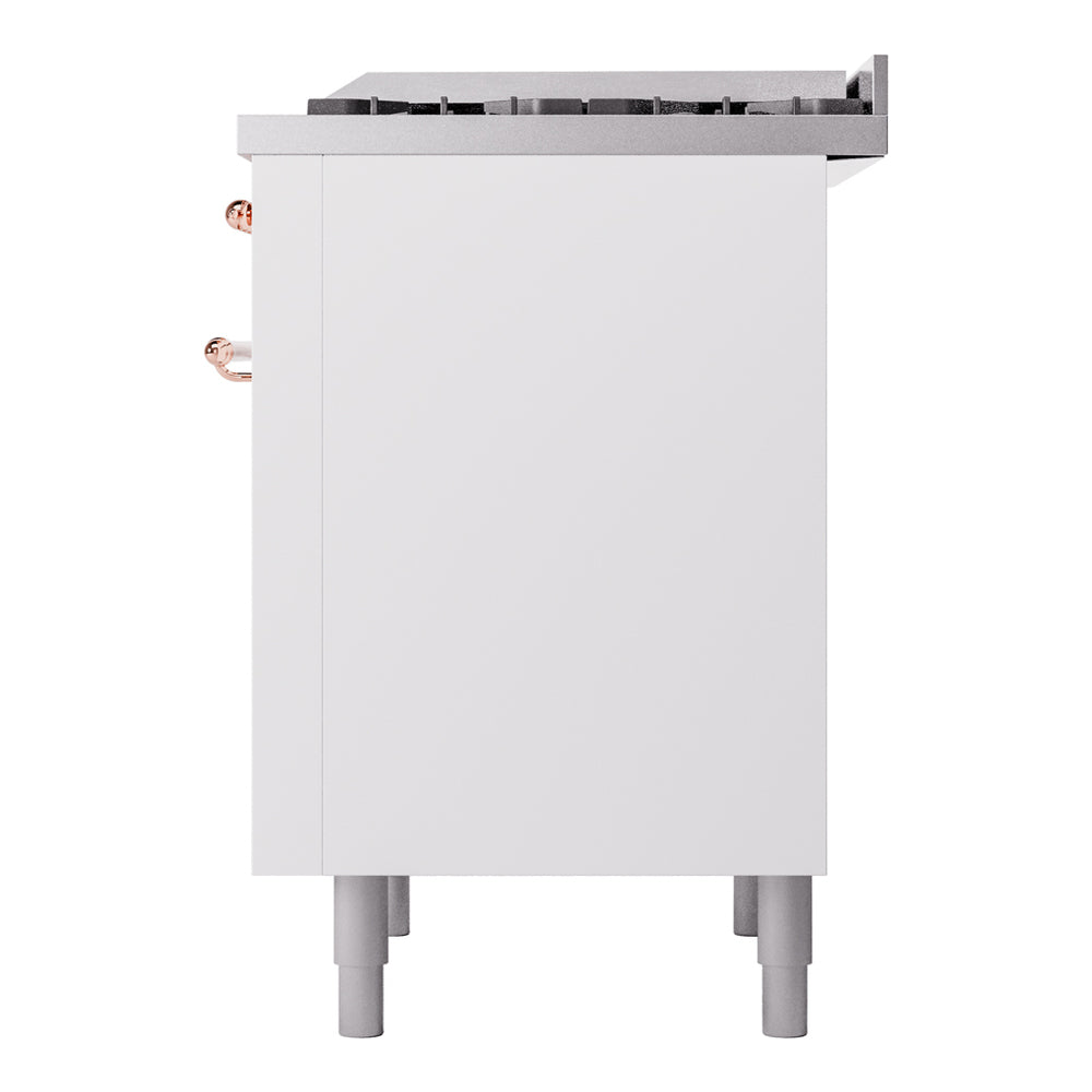 White freestanding dual fuel range cabinet side panel with copper trim accents.