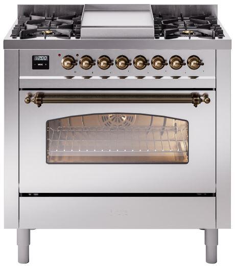 Stainless steel freestanding dual fuel range with cooktop burners and oven window