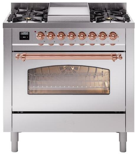 Freestanding dual fuel range front with gas burners, copper knobs, and glass oven door