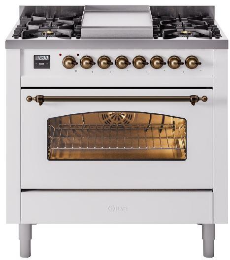 Front view of a white dual fuel freestanding range with bronze knobs and oven window