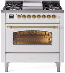 ILVE Nostalgie II 36-Inch Freestanding Natural Gas Dual Fuel Range in White with Brass Trim (UP36FNMPWHG)
